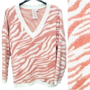 Sadie and Sage Zebra Print Sweater Womens Small Pink Ivory Zebra V-Neck Fuzzy